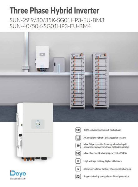 Гібридний інвертор 50 кВт Deye SUN-50K-SG01HP3-EU-BM3 (3-фазний) 050013 фото